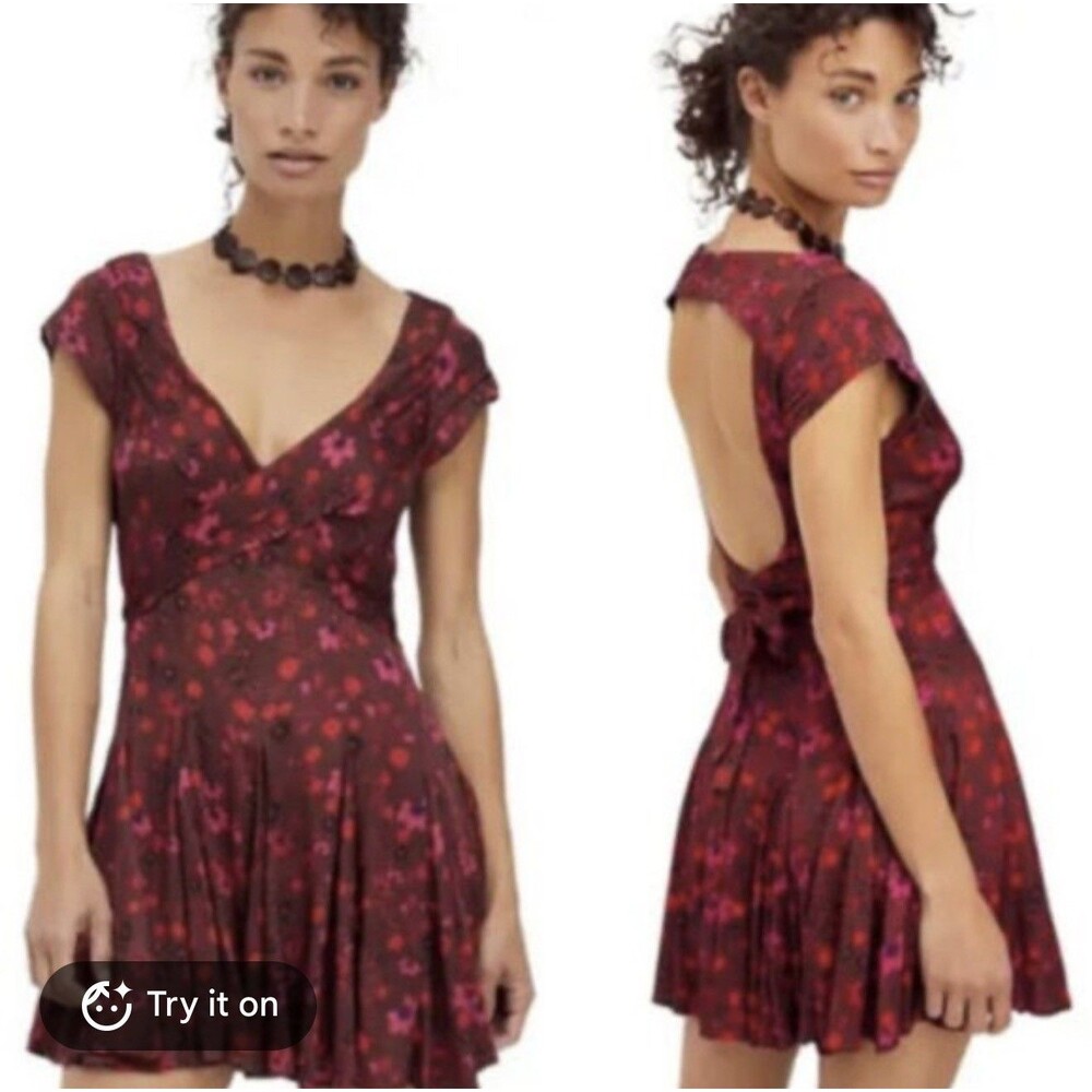 Free People Women's Mini Dress Size Small Plum Combo Cap Sleeve Floral NEW